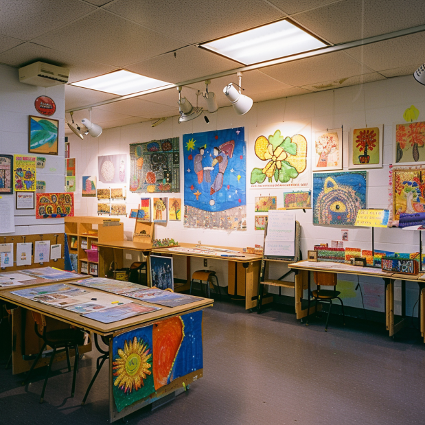 Vibrant classroom with creative and educational decorations enhancing the learning atmosphere.