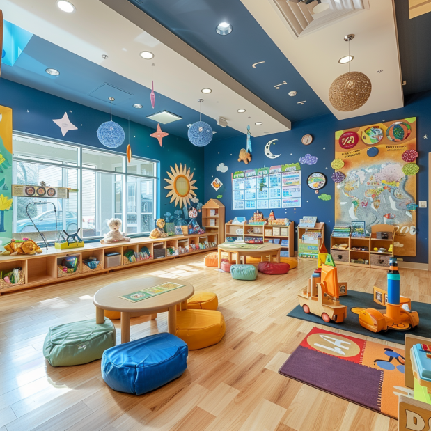 Vibrant classroom with creative and educational decorations enhancing the learning atmosphere.