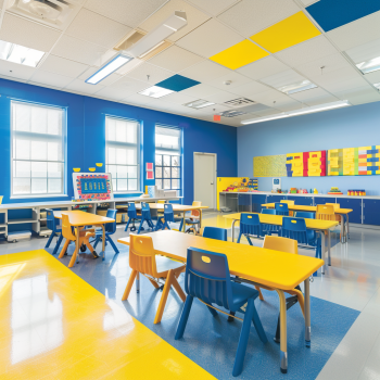 Vibrant classroom with creative and educational decorations enhancing the learning atmosphere.