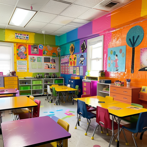 Vibrant classroom with creative and educational decorations enhancing the learning atmosphere.