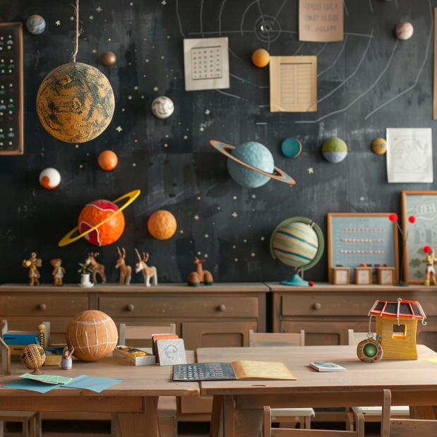 Vibrant classroom with creative and educational decorations enhancing the learning atmosphere.