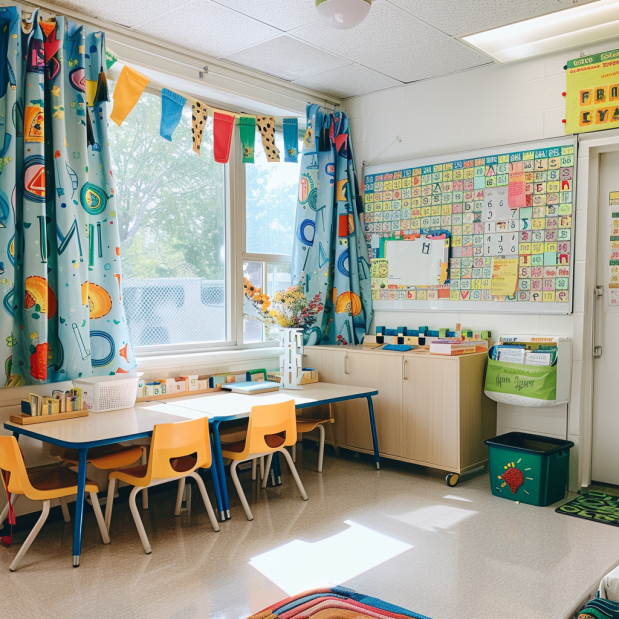 Vibrant classroom with creative and educational decorations enhancing the learning atmosphere.