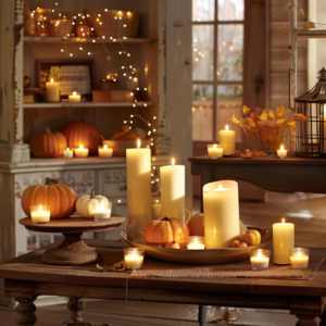 A cozy living room decorated with fall-themed pillows, blankets, and a pumpkin centerpiece.