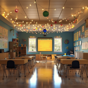 Vibrant classroom with creative and educational decorations enhancing the learning atmosphere.