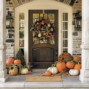 A cozy living room decorated with fall-themed pillows, blankets, and a pumpkin centerpiece.