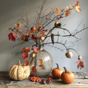 A cozy living room decorated with fall-themed pillows, blankets, and a pumpkin centerpiece.