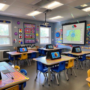 Vibrant classroom with creative and educational decorations enhancing the learning atmosphere.