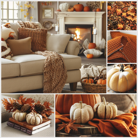 A cozy living room decorated with fall-themed pillows, blankets, and a pumpkin centerpiece.