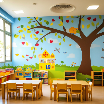 Vibrant classroom with creative and educational decorations enhancing the learning atmosphere.