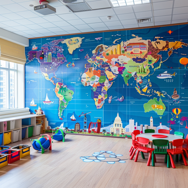 Vibrant classroom with creative and educational decorations enhancing the learning atmosphere.