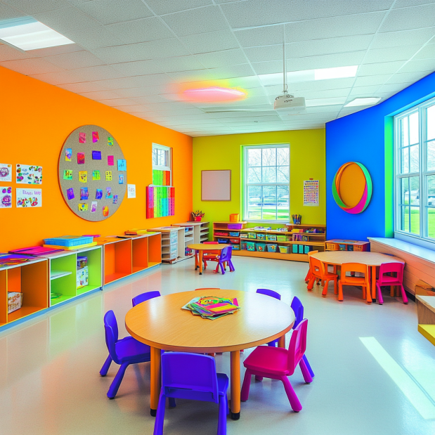 Vibrant classroom with creative and educational decorations enhancing the learning atmosphere.