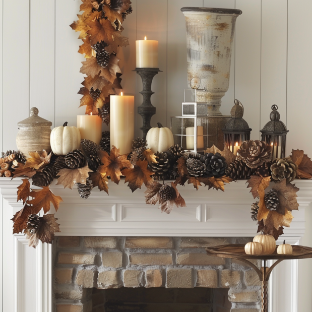 A cozy living room decorated with fall-themed pillows, blankets, and a pumpkin centerpiece.