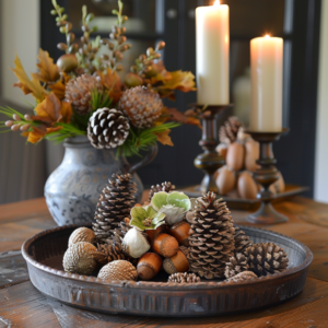 A cozy living room decorated with fall-themed pillows, blankets, and a pumpkin centerpiece.