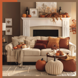 A cozy living room decorated with fall-themed pillows, blankets, and a pumpkin centerpiece.