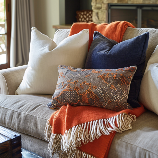 A cozy living room decorated with fall-themed pillows, blankets, and a pumpkin centerpiece.