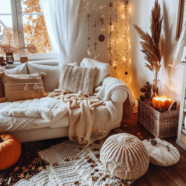 A cozy living room decorated with fall-themed pillows, blankets, and a pumpkin centerpiece.