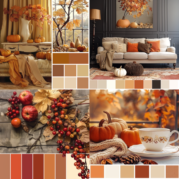 Cozy fall decor featuring pumpkins, warm blankets, and autumn wreaths.