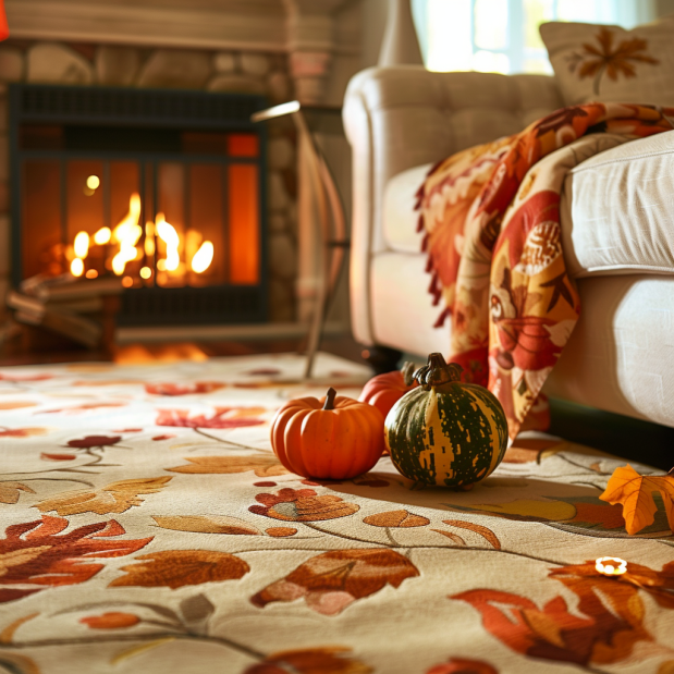 Cozy fall decor featuring pumpkins, warm blankets, and autumn wreaths.