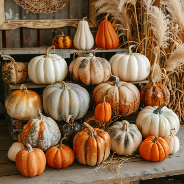 Cozy fall decor featuring pumpkins, warm blankets, and autumn wreaths.