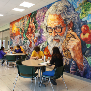 Vibrant classroom wall with educational posters, student artwork, and colorful decorations creating an inspiring learning environment.