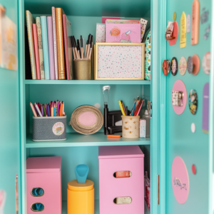 Bright and organized school locker decorated with personal touches and creative accessories.