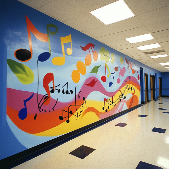 Vibrant classroom wall with educational posters, student artwork, and colorful decorations creating an inspiring learning environment.