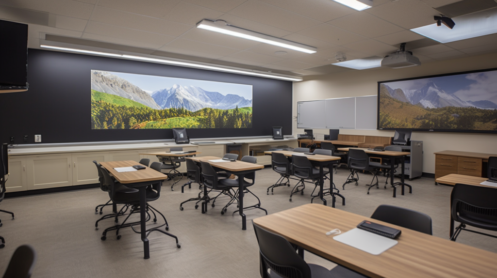 Classroom featuring digital displays and interactive smartboards, showcasing dynamic educational content.