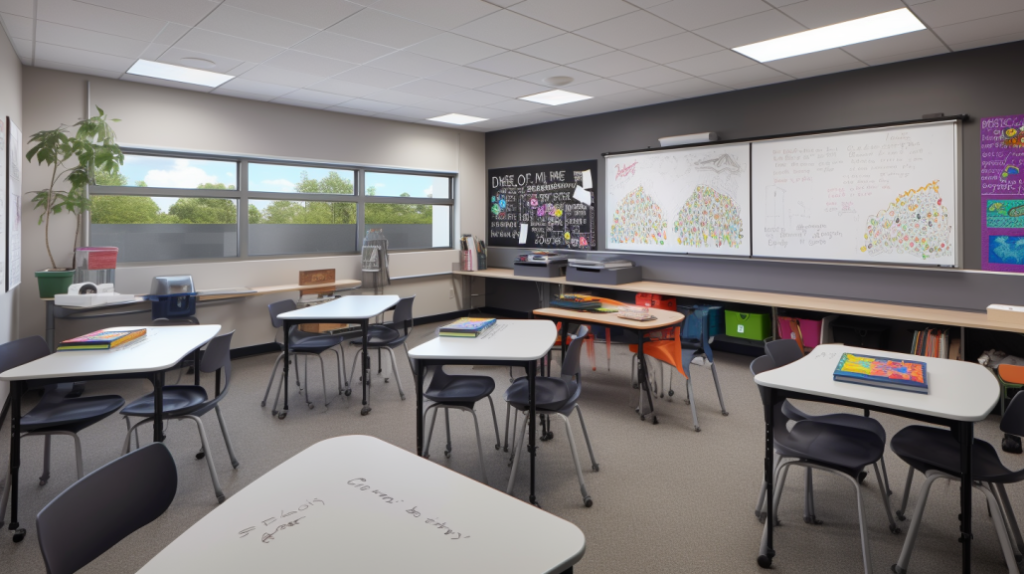 Classroom with interactive chalkboard walls and magnetic boards, where students actively participate by writing and drawing.