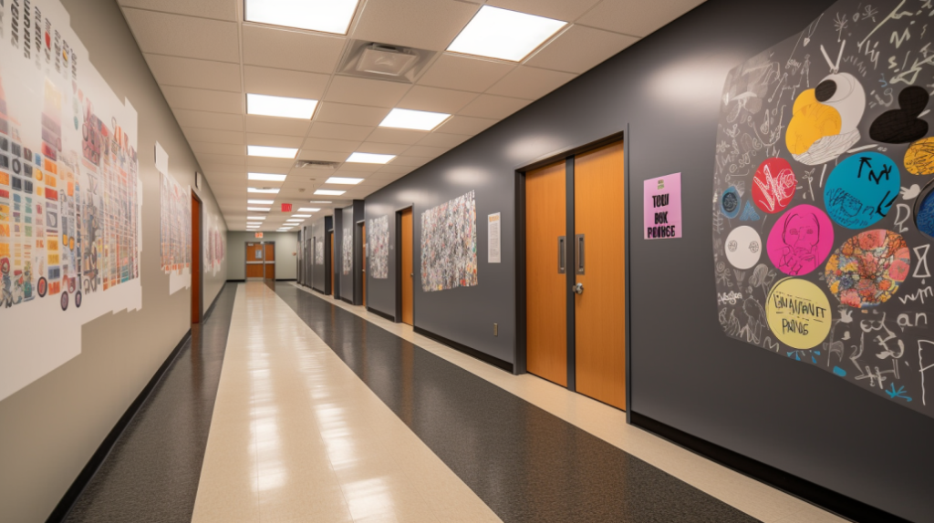 School safety inspection focusing on wall decorations, with a checklist and safety guidelines being reviewed.