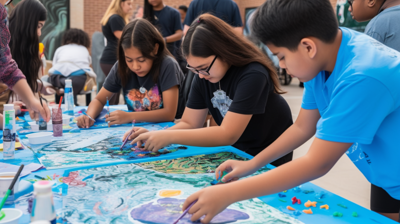 School community event with students, teachers, and parents collaborating on a mural project.