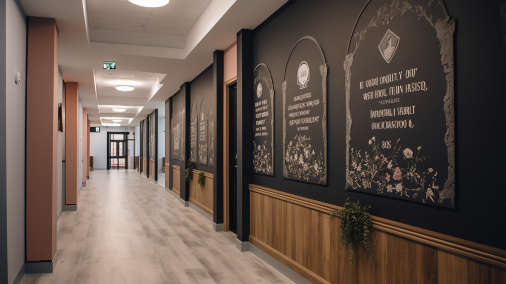 School corridor adorned with inspirational quotes in elegant typography, surrounded by decorative frames. 