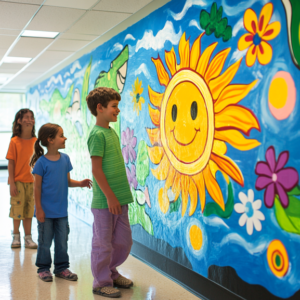 Vibrant classroom wall with educational posters, student artwork, and colorful decorations creating an inspiring learning environment.