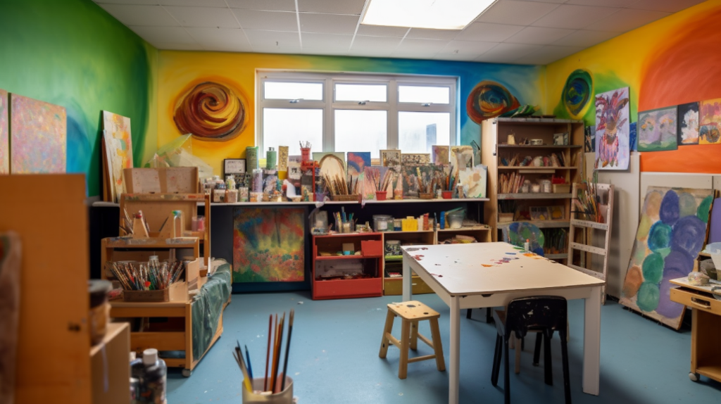Art corner in a classroom displaying student paintings and crafts, showcasing diverse styles and creativity.
