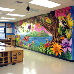 Vibrant classroom wall with educational posters, student artwork, and colorful decorations creating an inspiring learning environment.