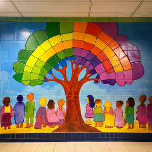 Vibrant classroom wall with educational posters, student artwork, and colorful decorations creating an inspiring learning environment.