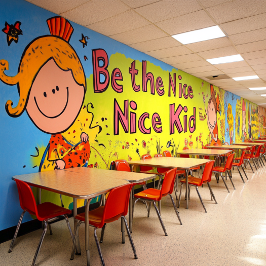 Vibrant classroom wall with educational posters, student artwork, and colorful decorations creating an inspiring learning environment.