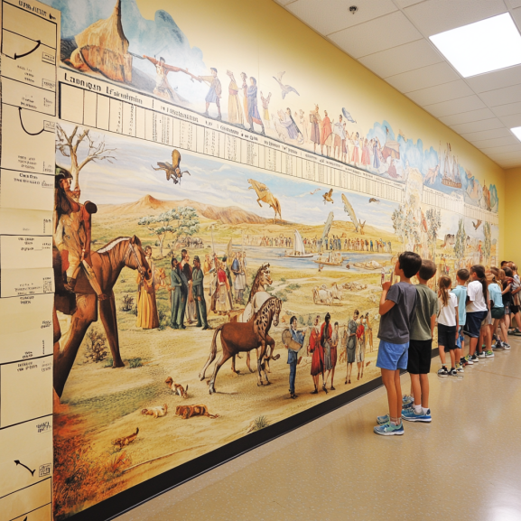 Vibrant classroom wall with educational posters, student artwork, and colorful decorations creating an inspiring learning environment.