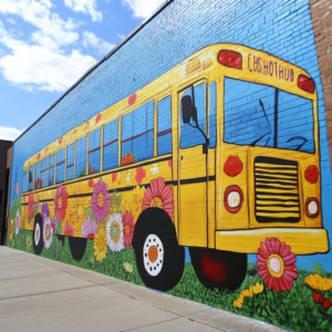 Vibrant classroom wall with educational posters, student artwork, and colorful decorations creating an inspiring learning environment.