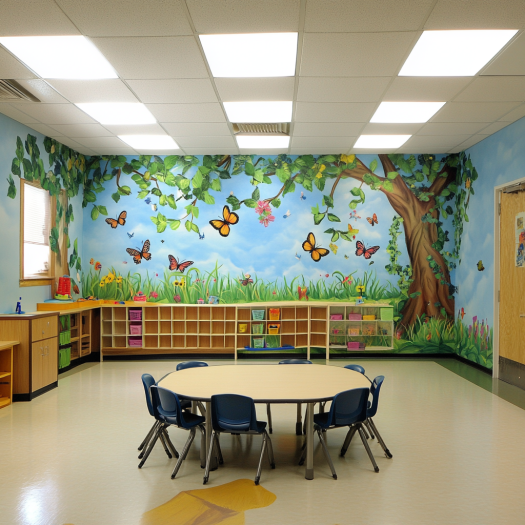 Vibrant classroom wall with educational posters, student artwork, and colorful decorations creating an inspiring learning environment.