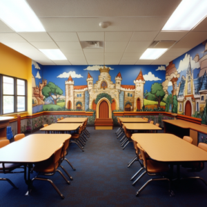 Vibrant classroom wall with educational posters, student artwork, and colorful decorations creating an inspiring learning environment.