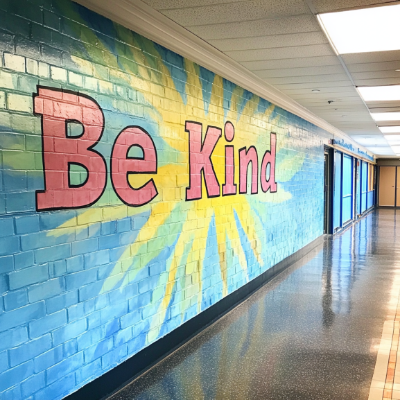 Vibrant classroom wall with educational posters, student artwork, and colorful decorations creating an inspiring learning environment.