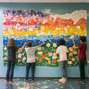 Vibrant classroom wall with educational posters, student artwork, and colorful decorations creating an inspiring learning environment.