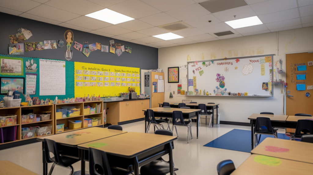 Classroom with thoughtfully designed wall decorations, featuring educational charts, student artwork, and motivational quotes.