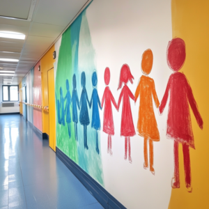 Vibrant classroom wall with educational posters, student artwork, and colorful decorations creating an inspiring learning environment.