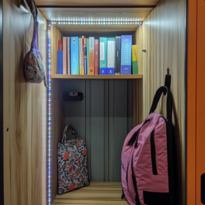 Bright and organized school locker decorated with personal touches and creative accessories.