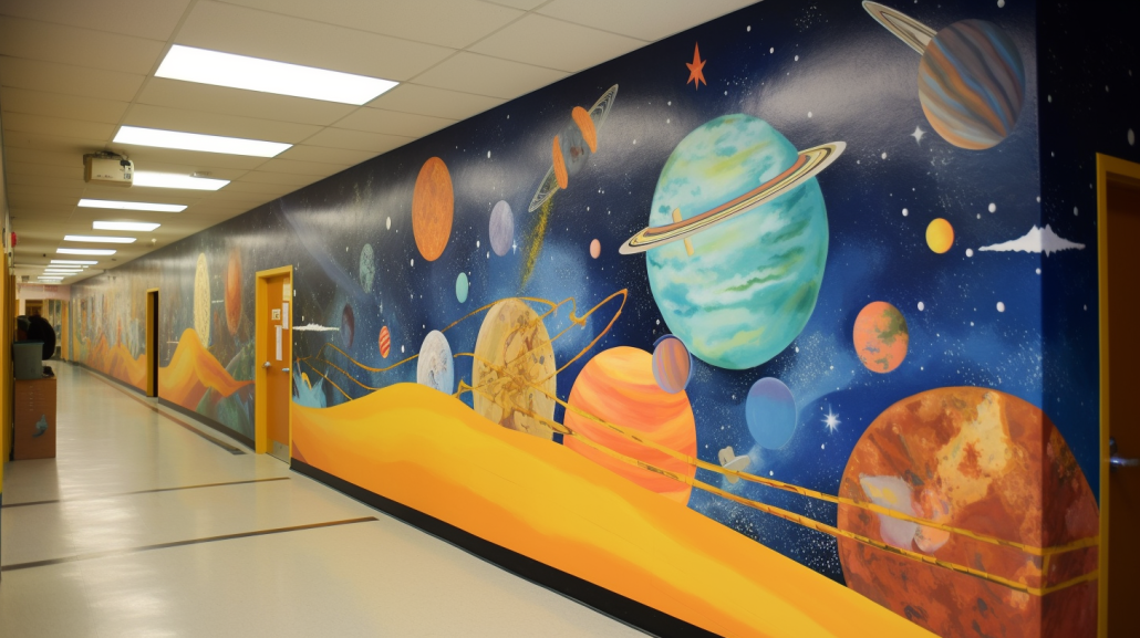 Science-themed mural depicting the solar system, engaging students with bright colors and detailed illustrations.