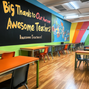 Vibrant classroom wall with educational posters, student artwork, and colorful decorations creating an inspiring learning environment.