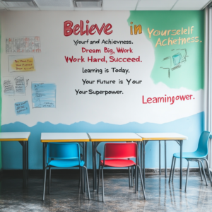 Vibrant classroom wall with educational posters, student artwork, and colorful decorations creating an inspiring learning environment.