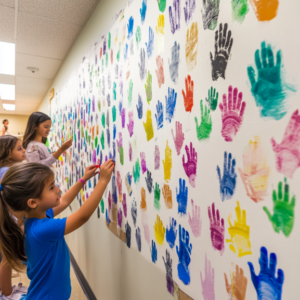 Vibrant classroom wall with educational posters, student artwork, and colorful decorations creating an inspiring learning environment.