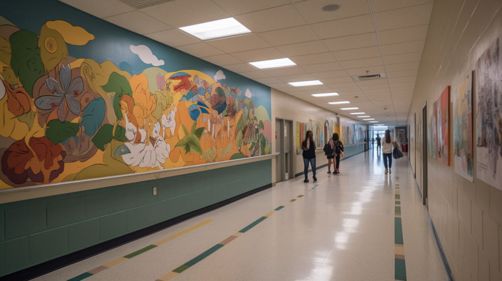 Colorful school hallway with vibrant murals and educational posters, creating an inviting learning environment."